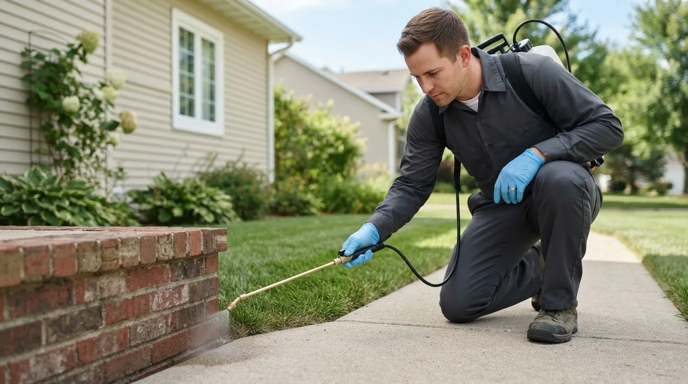 Pest control technician treating a home near Fries, VA